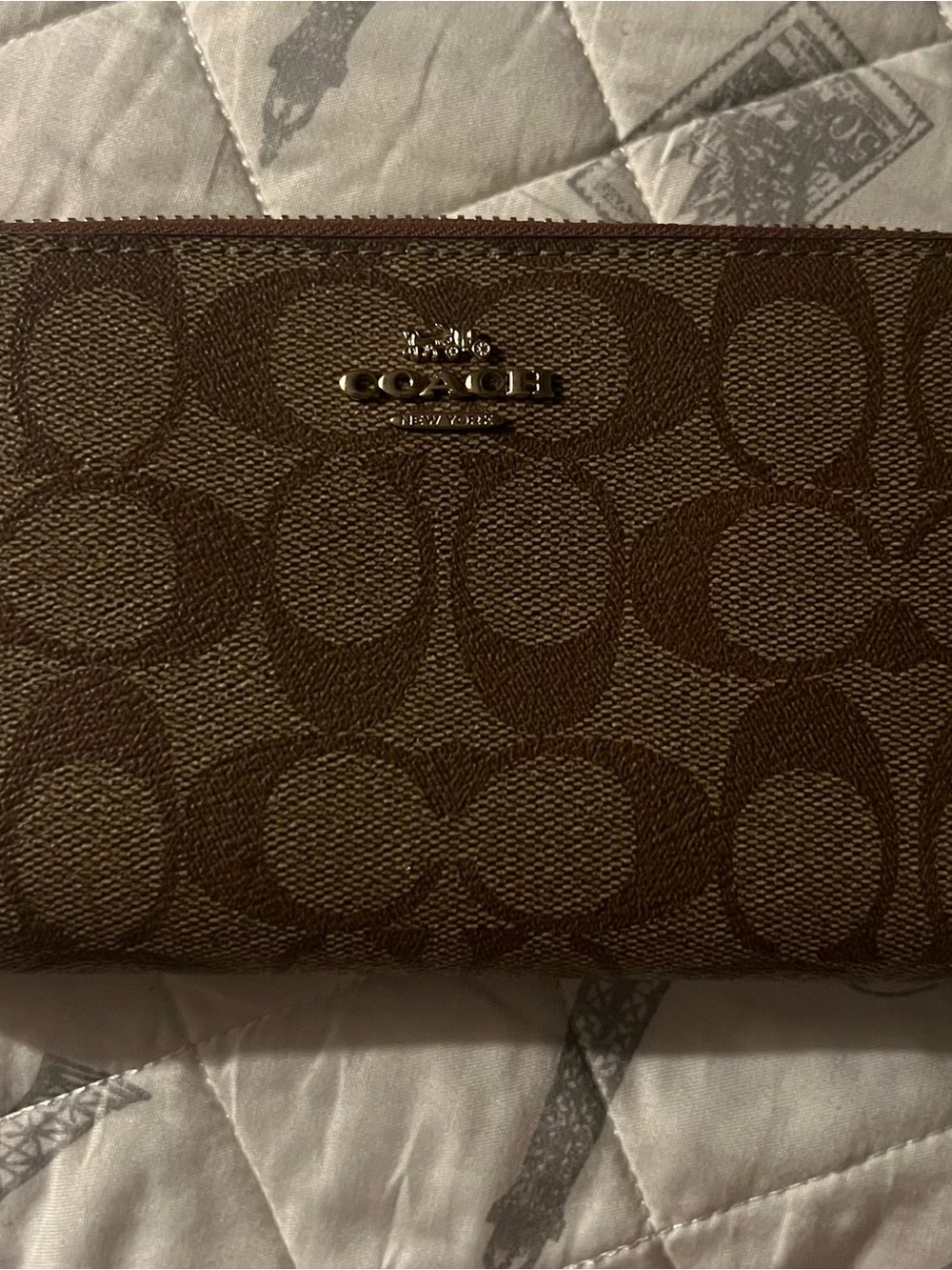 Coach Brown Signature Canvas Zip Card Wallet with Metal Logo